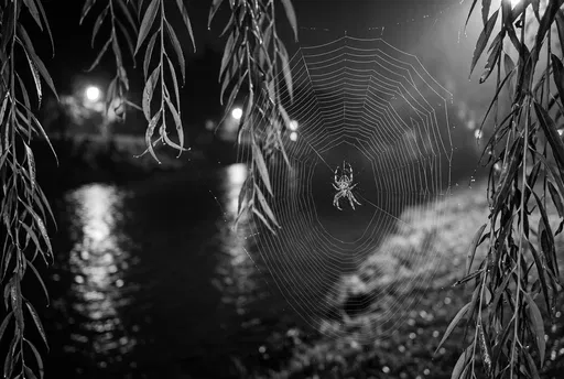 Monochrome Spider Web Among Willow Branches