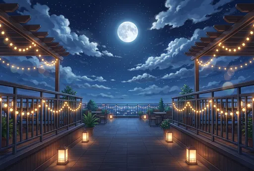 Anime Rooftop Terrace Under Full Moon