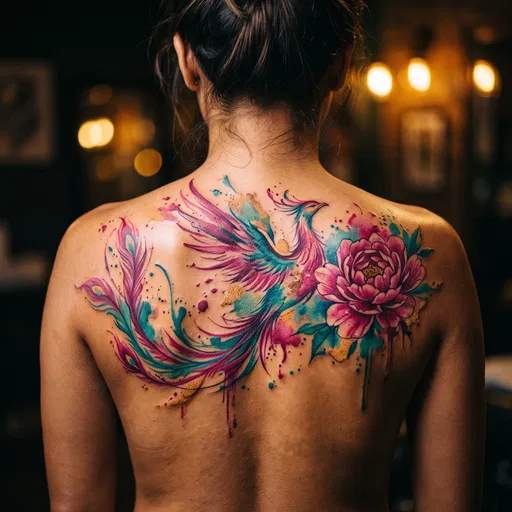 Woman With Colorful Phoenix Back Tattoo