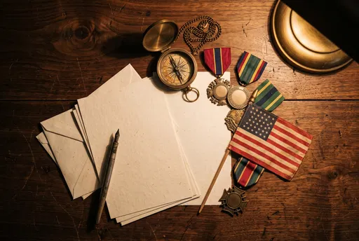 Vintage Desk With Medals and Flag