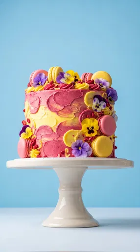 Pink and Yellow Cake with Macarons