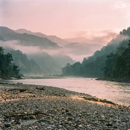 Gharial Basking by Misty Himalayan River