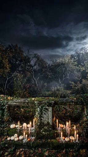Moonlit Autumn Garden Stone Ledge With Candles