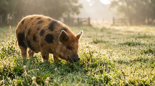 Spotted Piglet Foraging in Morning Pasture