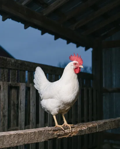 White Leghorn Hen Perched on Wooden Roost