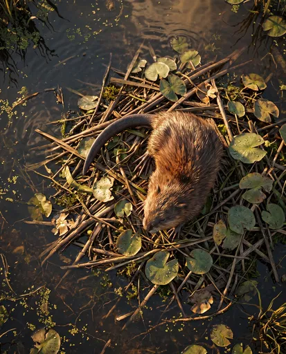Muskrat Resting on Floating Reed Mat