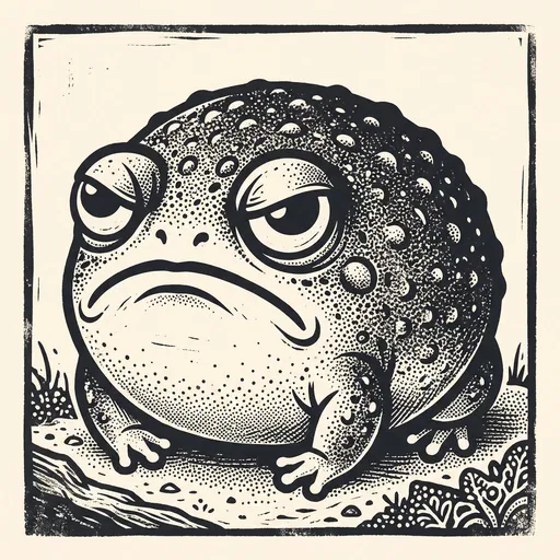 Grumpy Rain Frog Woodblock Illustration