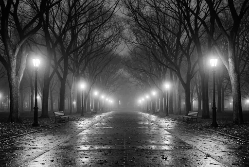 Monochrome Foggy Park Pathway at Night