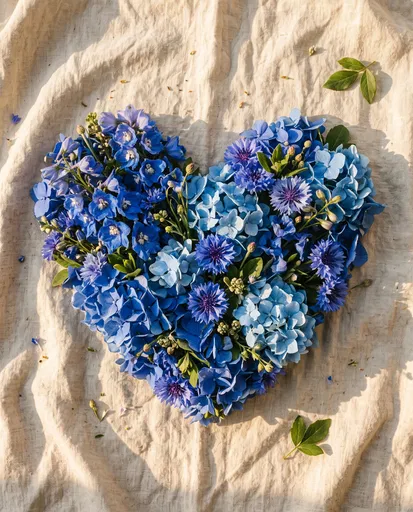 Blue Floral Heart on Warm Linen