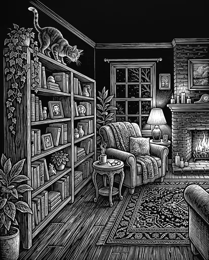 Scratchboard Drawing of Cat on Bookshelf
