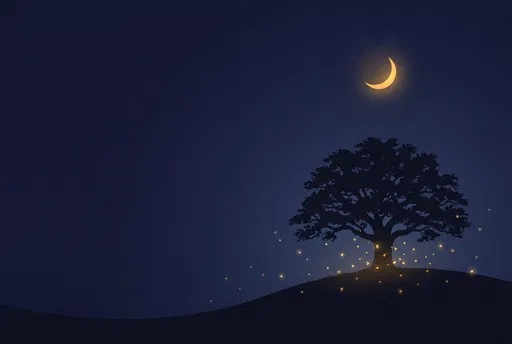 Oak Tree Silhouette Under Crescent Moon