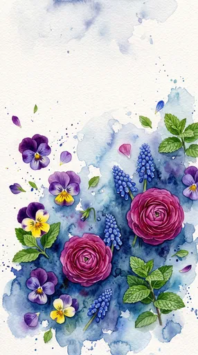 Watercolor Spring Flowers on Indigo Wash
