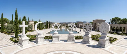 White Marble World Religious Symbols in Courtyard