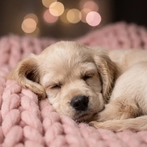 Sleeping Cream Puppy on Pink Blanket