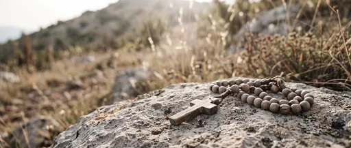Wooden Rosary Beads on Limestone Rock