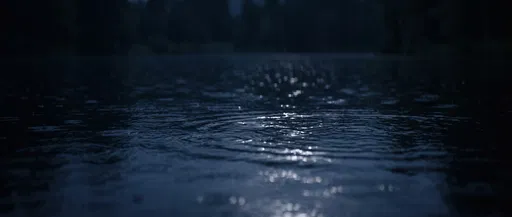 Moonlit Rain Ripples on Dark Pond