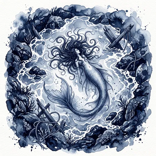 Indigo Watercolor Siren in Tidal Pool