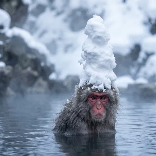 Japanese Macaque With Tall Snow Hat