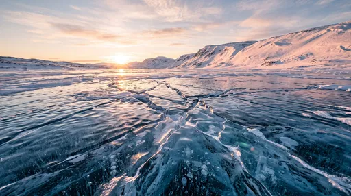 Sunrise Over Cracked Frozen Lake
