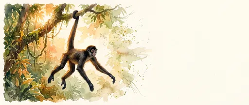 Watercolor Spider Monkey Hanging From Branch