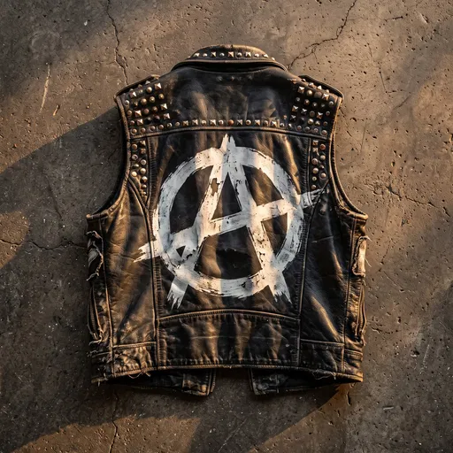 Black Studded Leather Vest With Anarchy Symbol