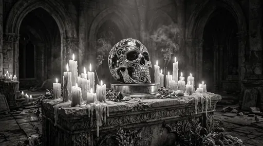Ornate Silver Calavera Skull on Candlelit Altar