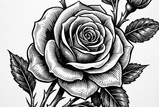 Black Ink Woodcut Style Rose Illustration