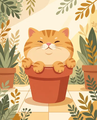 Chubby Orange Cat in Terracotta Pot
