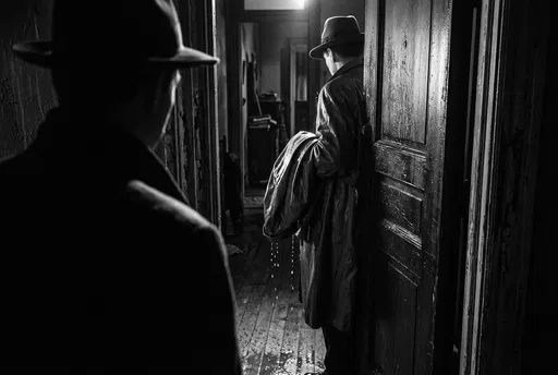 Noir Figures in Shadowy Doorway