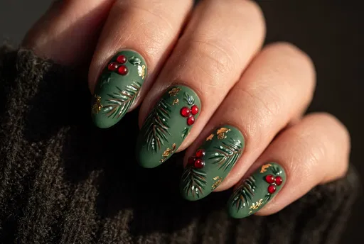 Matte Green Christmas Holly Nail Art