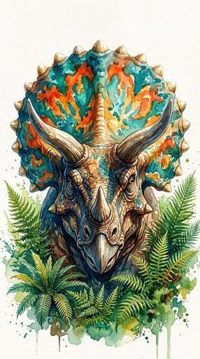 Colorful Watercolor Triceratops Head with Ferns