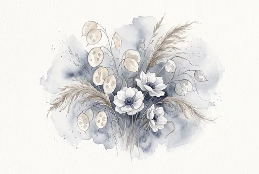 Watercolor White Anemones and Honesty Pods