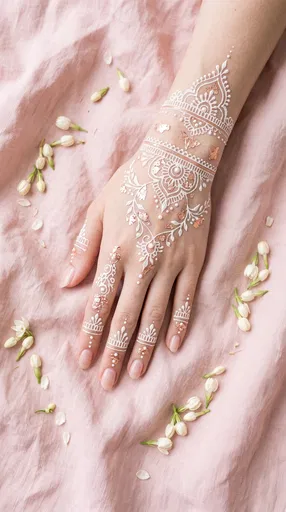 Bridal White Henna Hand On Pink Linen