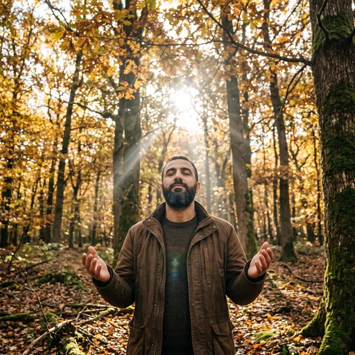 Bearded Man Praying in Sunlit Autumn Forest