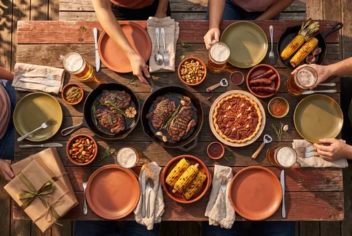 Overhead Backyard Barbecue Feast with Steaks