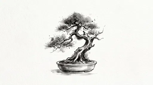 Black Ink Wash Bonsai Tree Illustration