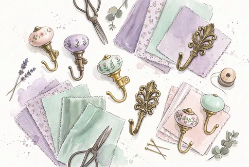 Watercolor Vintage Curtain Hooks and Fabric Swatches