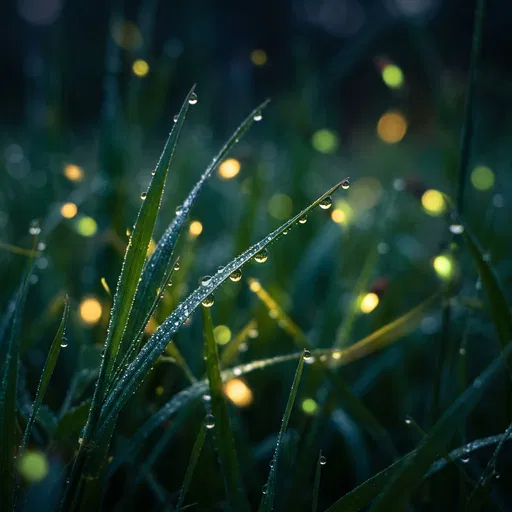 Dewy Grass Blades With Glowing Fireflies