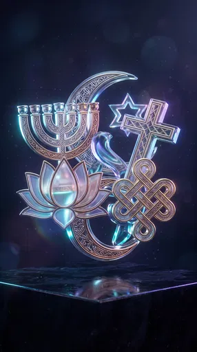 Glowing Glass and Metal Interfaith Symbols