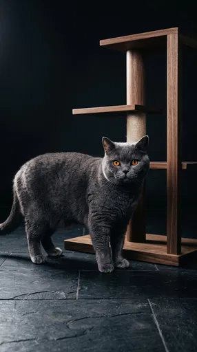 British Shorthair Cat by Wooden Cat Tree