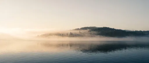Misty Forested Island Over Calm Water