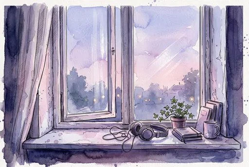 Watercolor Illustration of Headphones on Windowsill