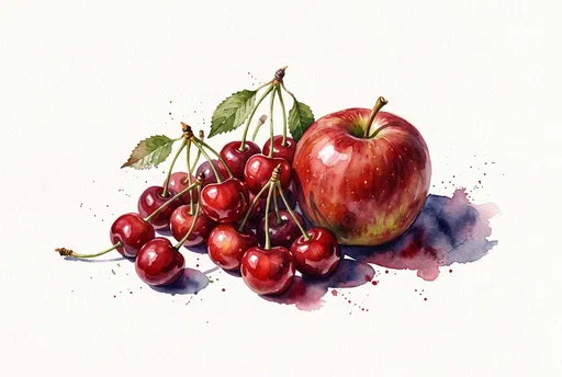Watercolor Red Cherries and Apple Illustration