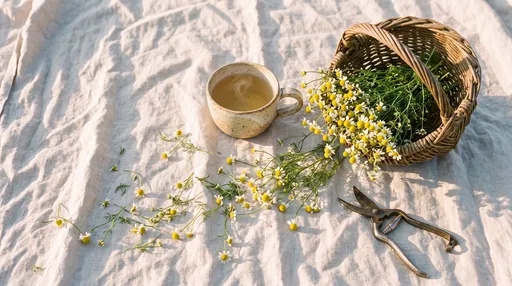 Chamomile Tea and Basket on Linen
