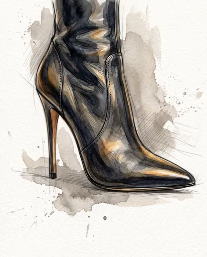 Watercolor Black Stiletto Boot Illustration