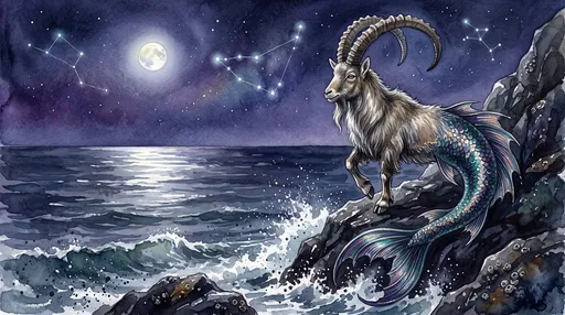Watercolor Capricorn Sea-Goat Under Moonlit Constellations