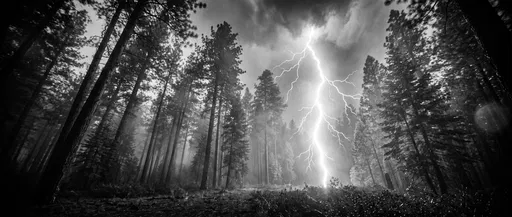 Monochrome Lightning Strike in Misty Pine Forest
