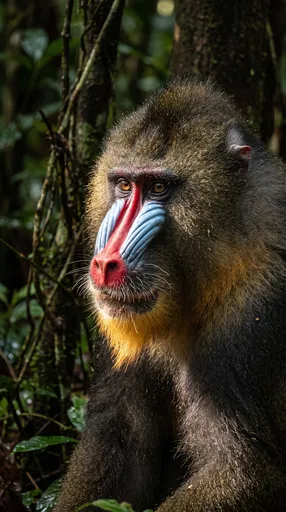 Portrait of Male Mandrill in Rainforest