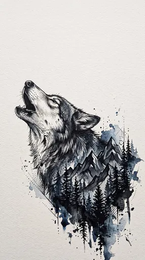 Howling Wolf and Mountain Watercolor Illustration