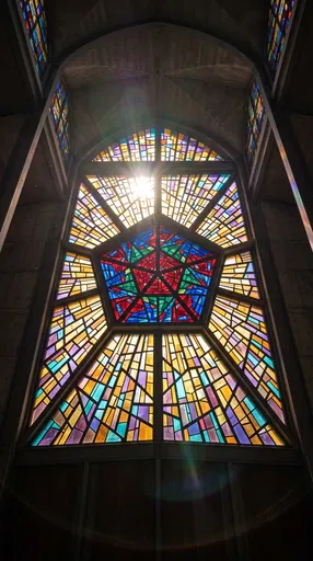 Modern Stained Glass Window with Pentagon Center